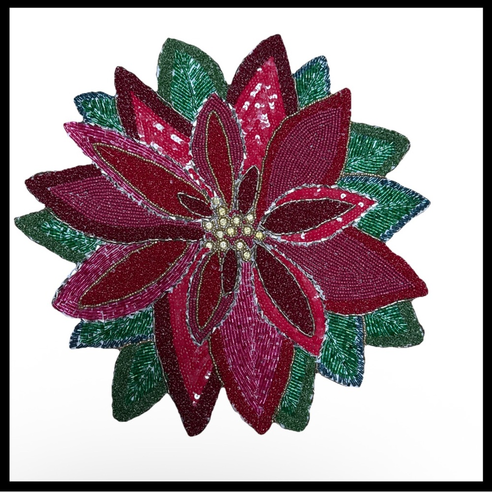 Cynthia Rowley Beaded  Placemat Centerpiece 15” Shaped Poinsettia Christmas New